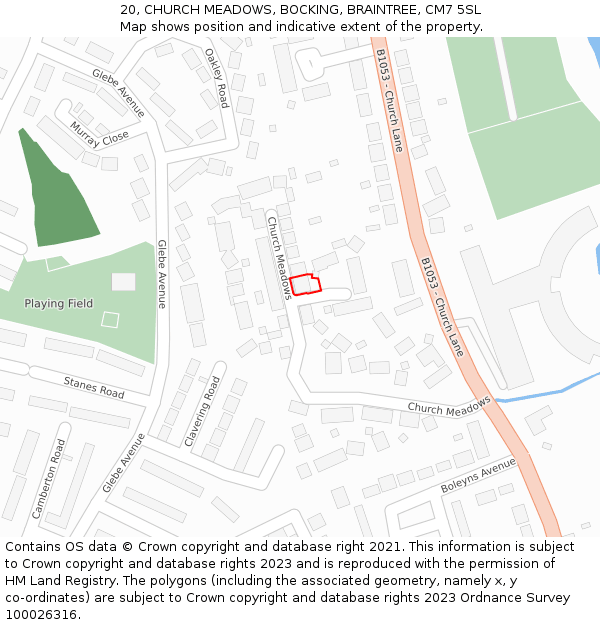 20, CHURCH MEADOWS, BOCKING, BRAINTREE, CM7 5SL: Location map and indicative extent of plot