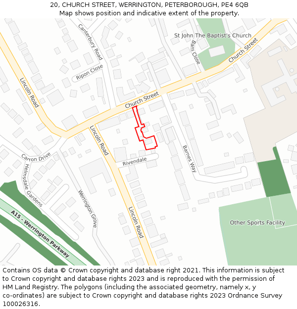 20, CHURCH STREET, WERRINGTON, PETERBOROUGH, PE4 6QB: Location map and indicative extent of plot