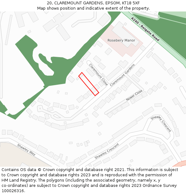 20, CLAREMOUNT GARDENS, EPSOM, KT18 5XF: Location map and indicative extent of plot