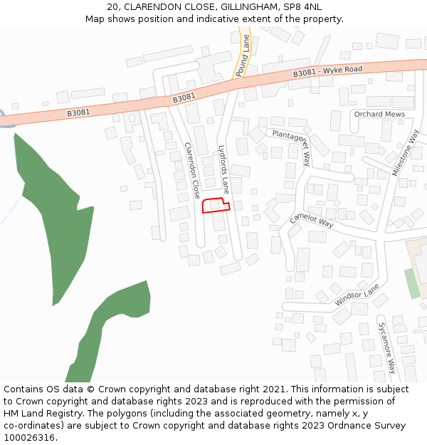 20, CLARENDON CLOSE, GILLINGHAM, SP8 4NL: Location map and indicative extent of plot