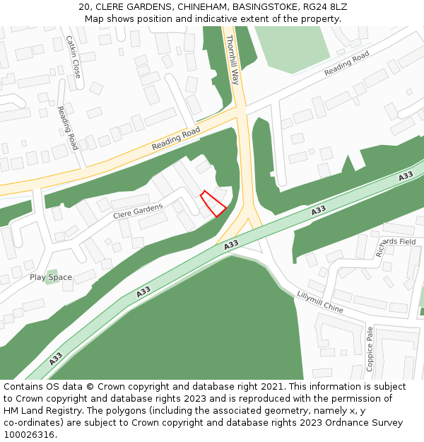 20, CLERE GARDENS, CHINEHAM, BASINGSTOKE, RG24 8LZ: Location map and indicative extent of plot