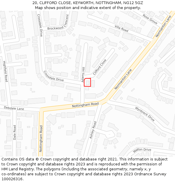 20, CLIFFORD CLOSE, KEYWORTH, NOTTINGHAM, NG12 5GZ: Location map and indicative extent of plot