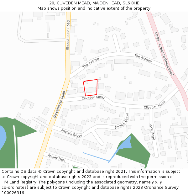 20, CLIVEDEN MEAD, MAIDENHEAD, SL6 8HE: Location map and indicative extent of plot