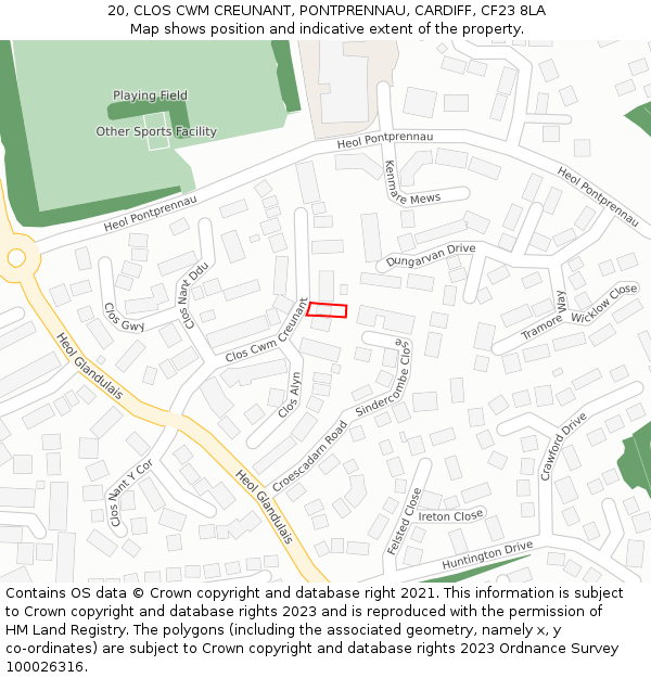 20, CLOS CWM CREUNANT, PONTPRENNAU, CARDIFF, CF23 8LA: Location map and indicative extent of plot