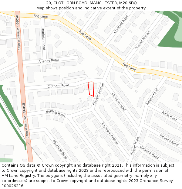 20, CLOTHORN ROAD, MANCHESTER, M20 6BQ: Location map and indicative extent of plot