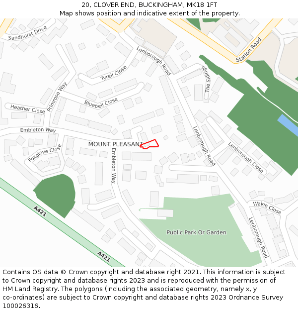 20, CLOVER END, BUCKINGHAM, MK18 1FT: Location map and indicative extent of plot