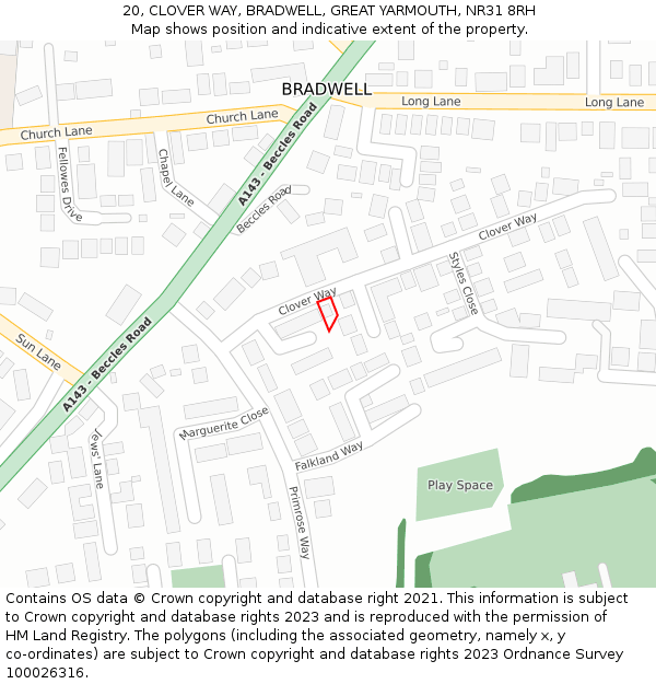 20, CLOVER WAY, BRADWELL, GREAT YARMOUTH, NR31 8RH: Location map and indicative extent of plot