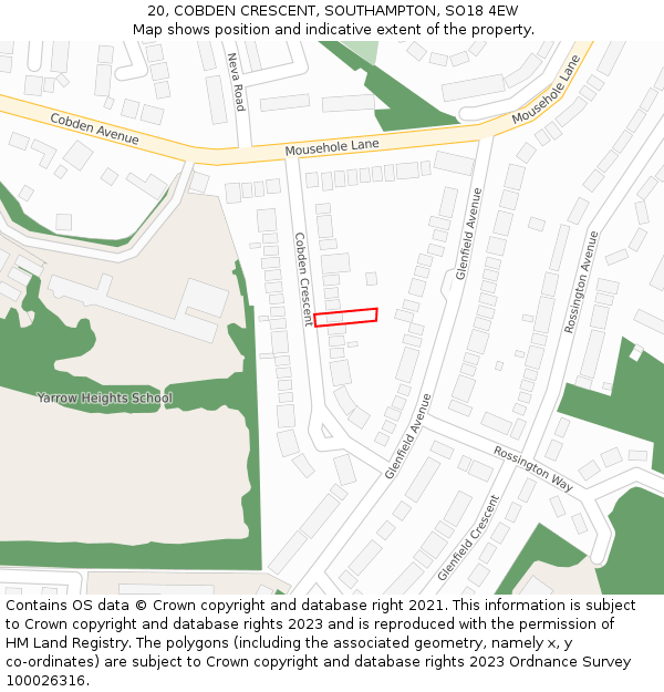 20, COBDEN CRESCENT, SOUTHAMPTON, SO18 4EW: Location map and indicative extent of plot