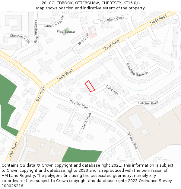 20, COLEBROOK, OTTERSHAW, CHERTSEY, KT16 0JU: Location map and indicative extent of plot