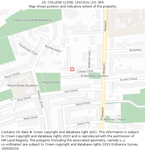 20, COLLEGE CLOSE, LINCOLN, LN1 3EA: Location map and indicative extent of plot