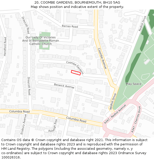 20, COOMBE GARDENS, BOURNEMOUTH, BH10 5AG: Location map and indicative extent of plot