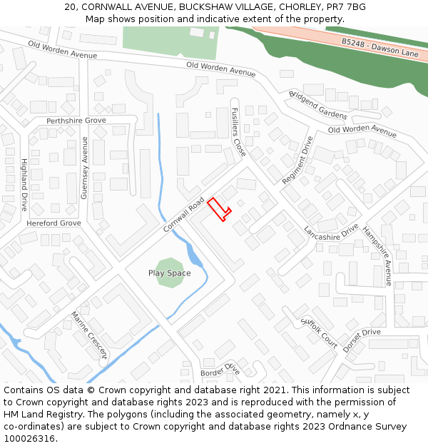 20, CORNWALL AVENUE, BUCKSHAW VILLAGE, CHORLEY, PR7 7BG: Location map and indicative extent of plot