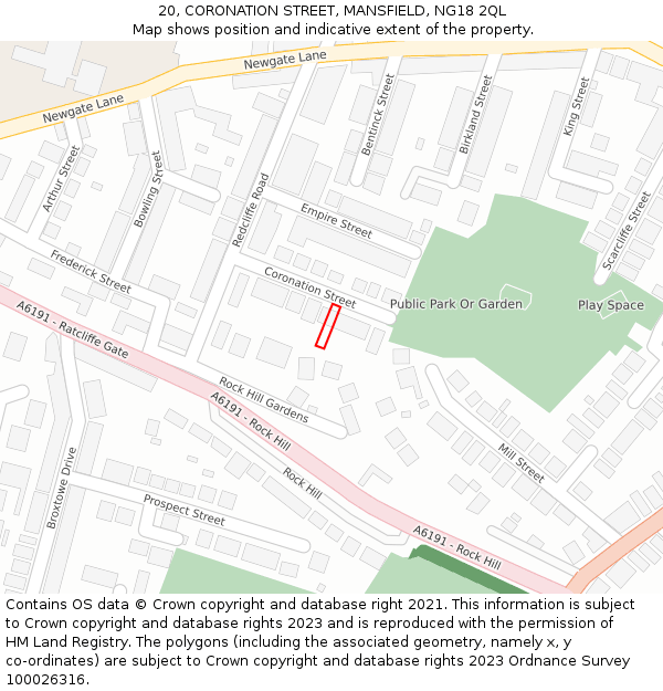 20, CORONATION STREET, MANSFIELD, NG18 2QL: Location map and indicative extent of plot