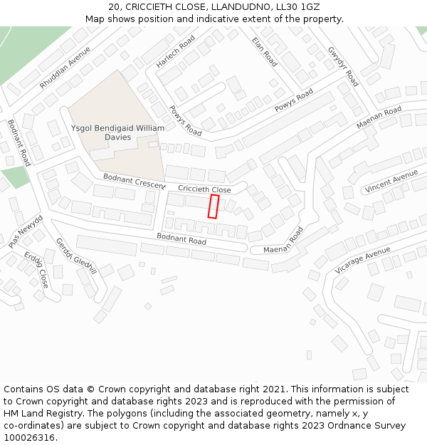20, CRICCIETH CLOSE, LLANDUDNO, LL30 1GZ: Location map and indicative extent of plot