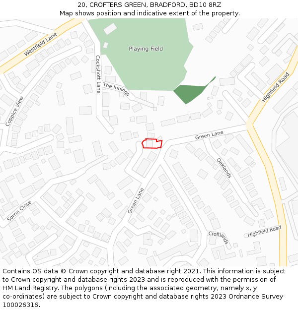 20, CROFTERS GREEN, BRADFORD, BD10 8RZ: Location map and indicative extent of plot