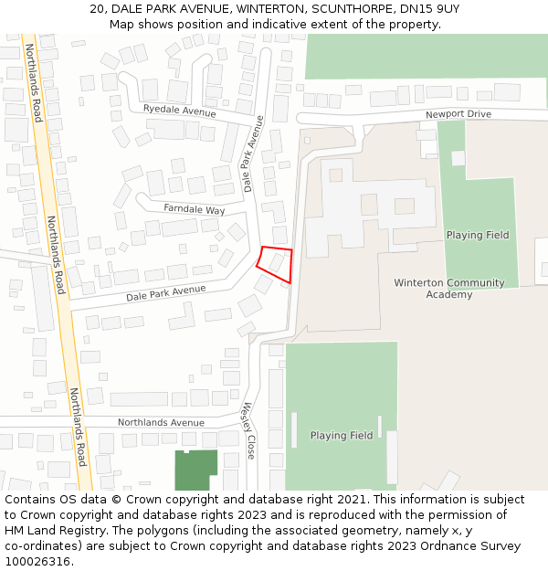 20, DALE PARK AVENUE, WINTERTON, SCUNTHORPE, DN15 9UY: Location map and indicative extent of plot