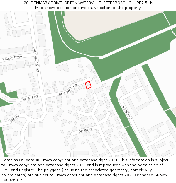 20, DENMARK DRIVE, ORTON WATERVILLE, PETERBOROUGH, PE2 5HN: Location map and indicative extent of plot