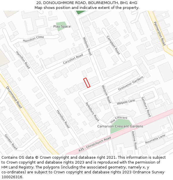 20, DONOUGHMORE ROAD, BOURNEMOUTH, BH1 4HG: Location map and indicative extent of plot