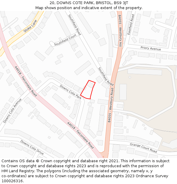 20, DOWNS COTE PARK, BRISTOL, BS9 3JT: Location map and indicative extent of plot