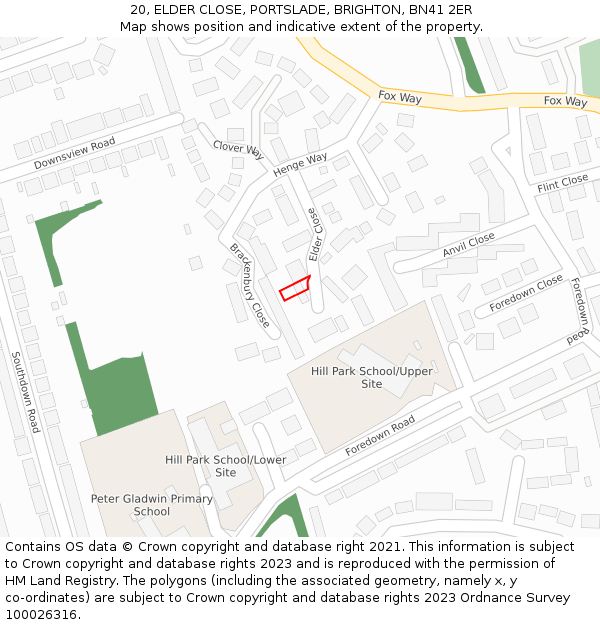 20, ELDER CLOSE, PORTSLADE, BRIGHTON, BN41 2ER: Location map and indicative extent of plot