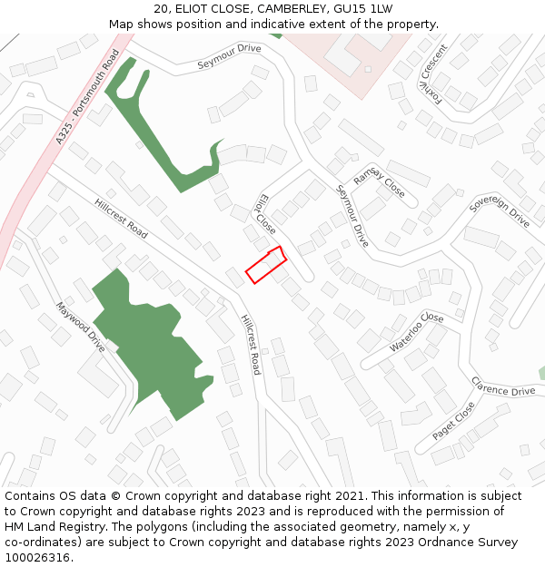 20, ELIOT CLOSE, CAMBERLEY, GU15 1LW: Location map and indicative extent of plot