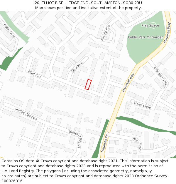 20, ELLIOT RISE, HEDGE END, SOUTHAMPTON, SO30 2RU: Location map and indicative extent of plot