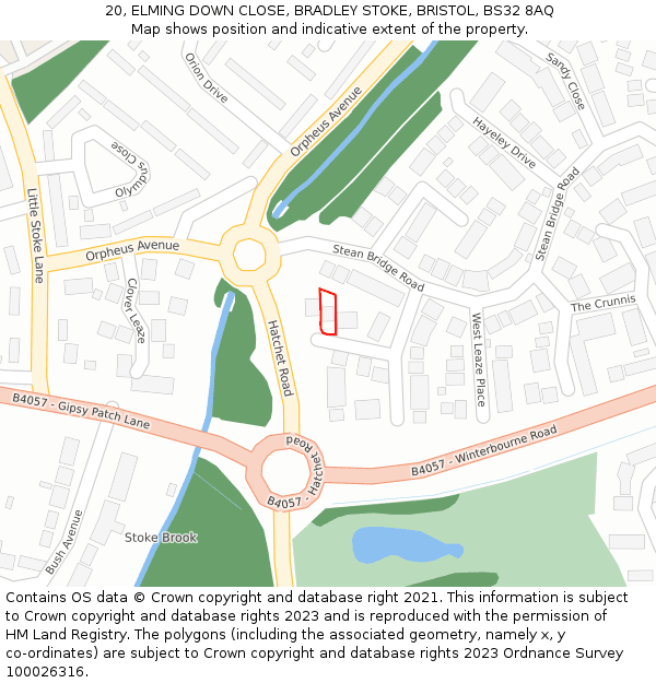 20, ELMING DOWN CLOSE, BRADLEY STOKE, BRISTOL, BS32 8AQ: Location map and indicative extent of plot