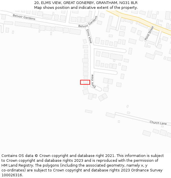 20, ELMS VIEW, GREAT GONERBY, GRANTHAM, NG31 8LR: Location map and indicative extent of plot