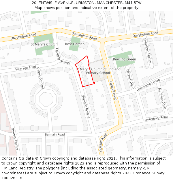 20, ENTWISLE AVENUE, URMSTON, MANCHESTER, M41 5TW: Location map and indicative extent of plot