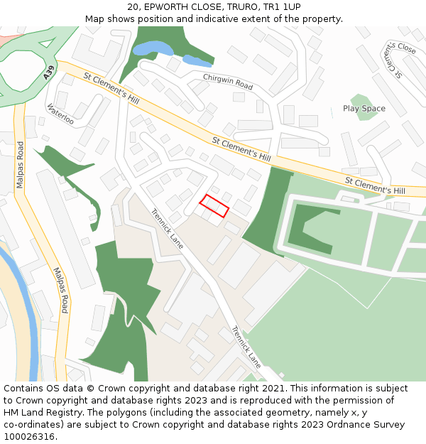 20, EPWORTH CLOSE, TRURO, TR1 1UP: Location map and indicative extent of plot