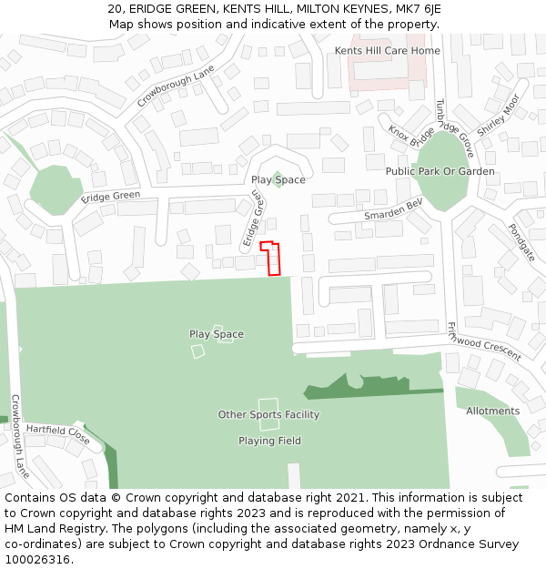 20, ERIDGE GREEN, KENTS HILL, MILTON KEYNES, MK7 6JE: Location map and indicative extent of plot