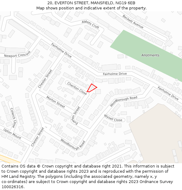 20, EVERTON STREET, MANSFIELD, NG19 6EB: Location map and indicative extent of plot