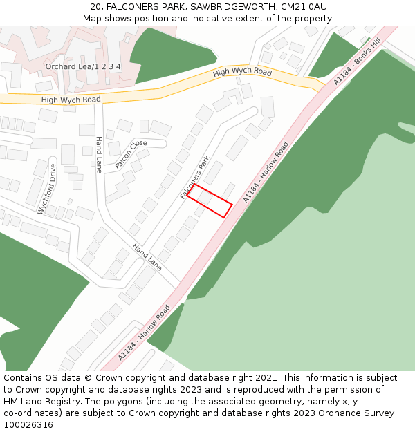 20, FALCONERS PARK, SAWBRIDGEWORTH, CM21 0AU: Location map and indicative extent of plot