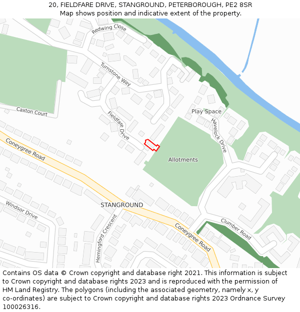 20, FIELDFARE DRIVE, STANGROUND, PETERBOROUGH, PE2 8SR: Location map and indicative extent of plot
