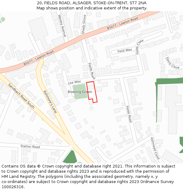 20, FIELDS ROAD, ALSAGER, STOKE-ON-TRENT, ST7 2NA: Location map and indicative extent of plot