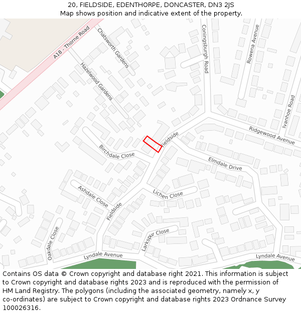 20, FIELDSIDE, EDENTHORPE, DONCASTER, DN3 2JS: Location map and indicative extent of plot