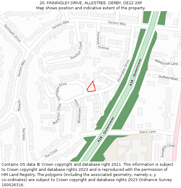 20, FINNINGLEY DRIVE, ALLESTREE, DERBY, DE22 2XP: Location map and indicative extent of plot