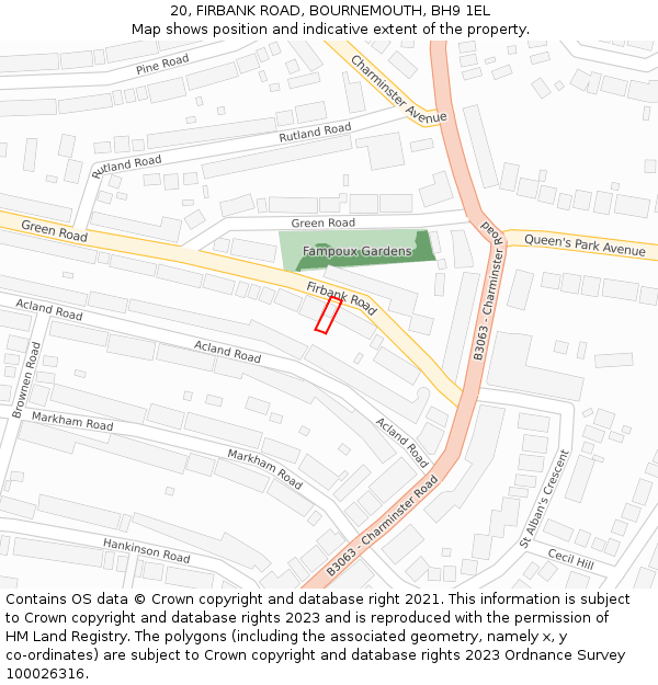 20, FIRBANK ROAD, BOURNEMOUTH, BH9 1EL: Location map and indicative extent of plot