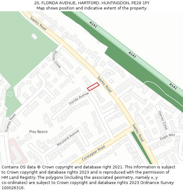 20, FLORIDA AVENUE, HARTFORD, HUNTINGDON, PE29 1PY: Location map and indicative extent of plot