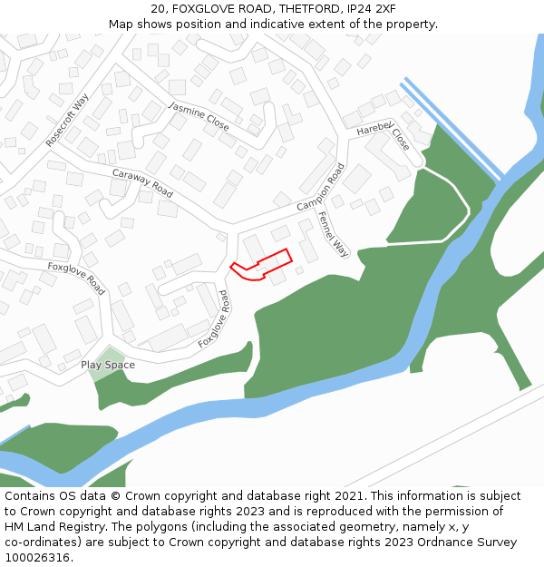 20, FOXGLOVE ROAD, THETFORD, IP24 2XF: Location map and indicative extent of plot
