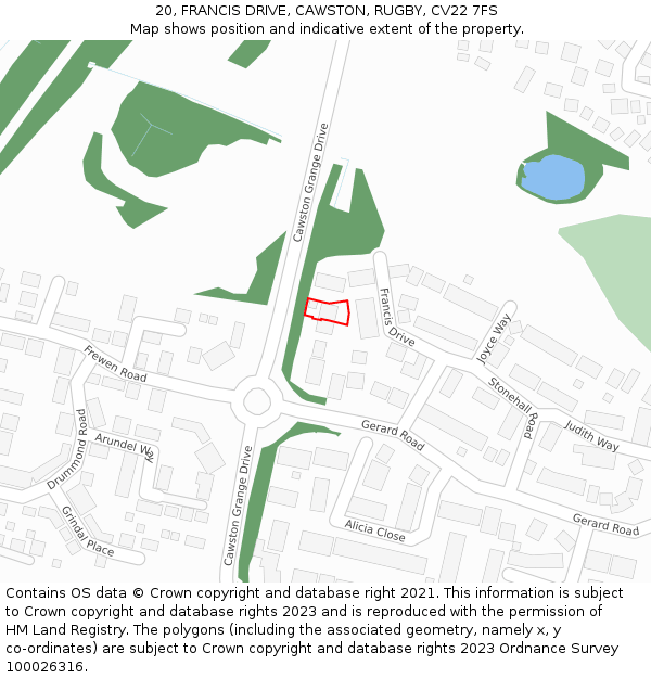 20, FRANCIS DRIVE, CAWSTON, RUGBY, CV22 7FS: Location map and indicative extent of plot