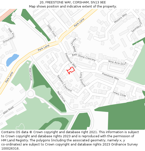 20, FREESTONE WAY, CORSHAM, SN13 9EE: Location map and indicative extent of plot
