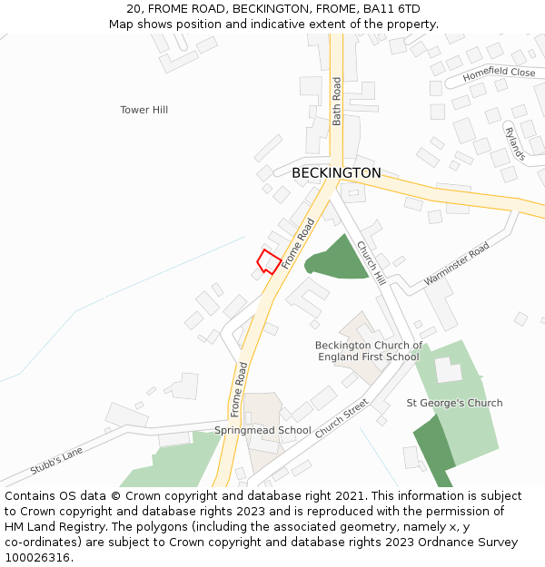 20, FROME ROAD, BECKINGTON, FROME, BA11 6TD: Location map and indicative extent of plot