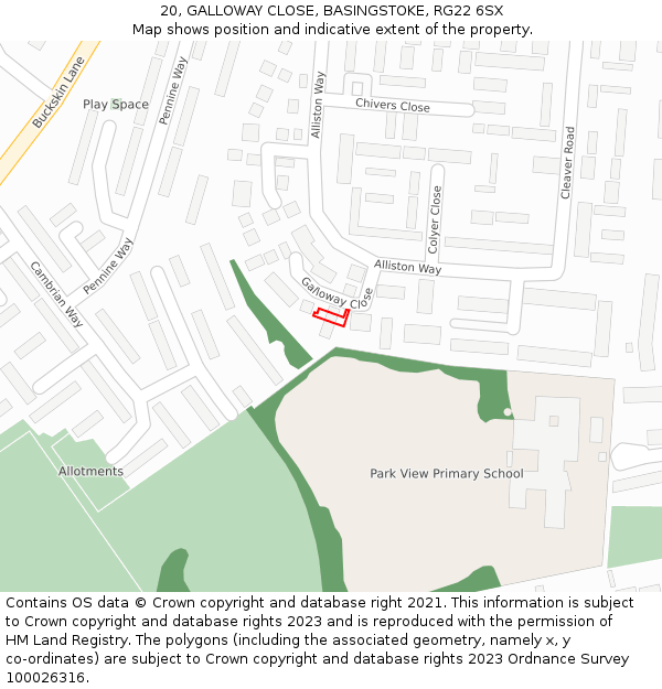 20, GALLOWAY CLOSE, BASINGSTOKE, RG22 6SX: Location map and indicative extent of plot
