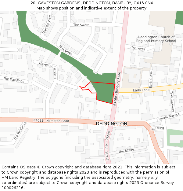 20, GAVESTON GARDENS, DEDDINGTON, BANBURY, OX15 0NX: Location map and indicative extent of plot