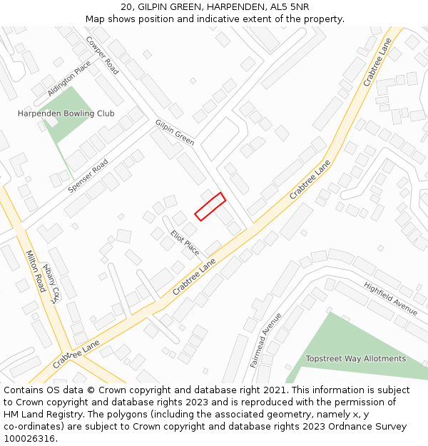 20, GILPIN GREEN, HARPENDEN, AL5 5NR: Location map and indicative extent of plot