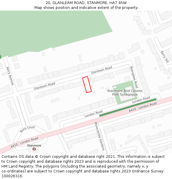 20, GLANLEAM ROAD, STANMORE, HA7 4NW: Location map and indicative extent of plot