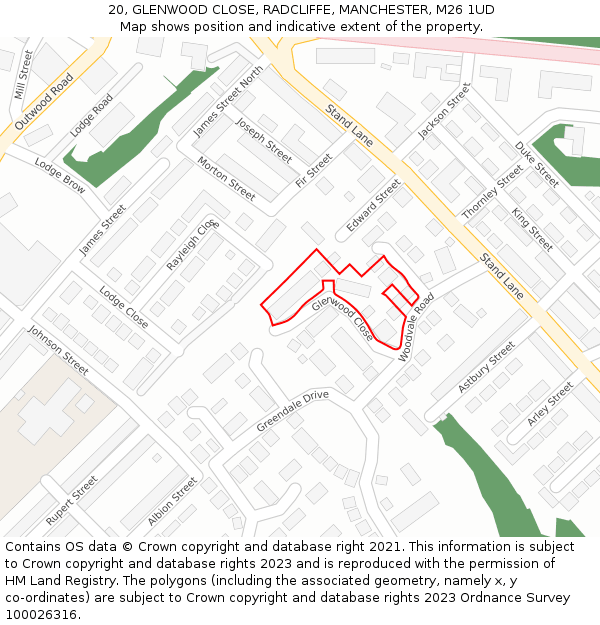20, GLENWOOD CLOSE, RADCLIFFE, MANCHESTER, M26 1UD: Location map and indicative extent of plot