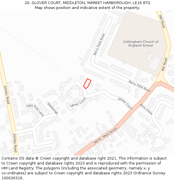 20, GLOVER COURT, MIDDLETON, MARKET HARBOROUGH, LE16 8TQ: Location map and indicative extent of plot