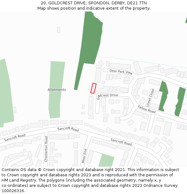 20, GOLDCREST DRIVE, SPONDON, DERBY, DE21 7TN: Location map and indicative extent of plot